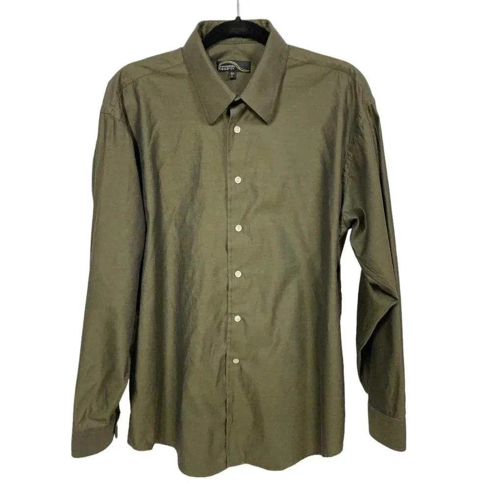 JHane Barnes Frequency Olive Green Cotton Long-Sleeve‎ Shirt, Large, 16.5" Neck